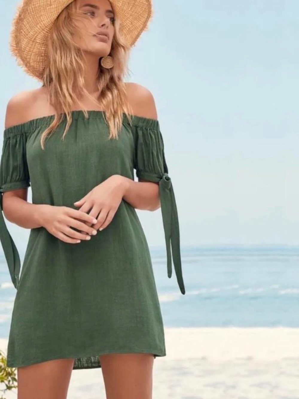 Lulu's Olive Green Off-Shoulder Tie-Sleeve Dress XS